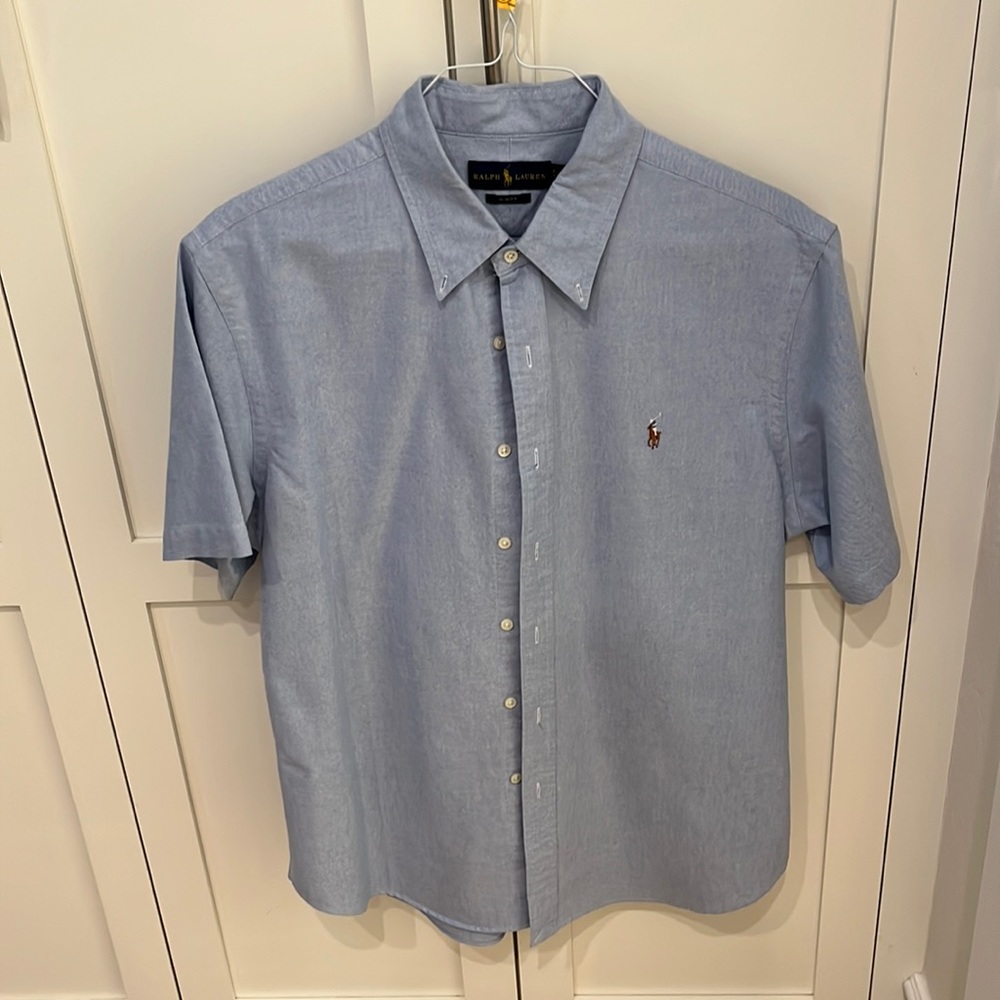 Ralph Lauren short sleeve blue chambray shirt with logo